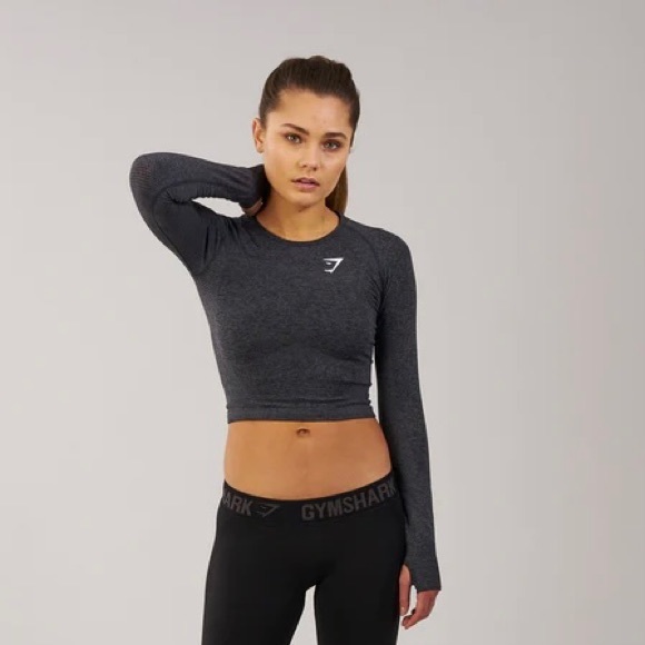 Gymshark Tops - GYMSHARK Seamless Long Sleeve Crop Top in Black Marl